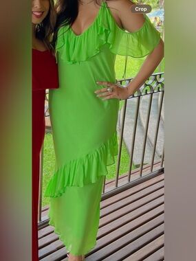 Zara Lime Green Ruffle Cold-Shoulder Maxi Dress